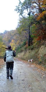 Un cazador transita con su perro por una pista forestal del acotado del Valle de Mena